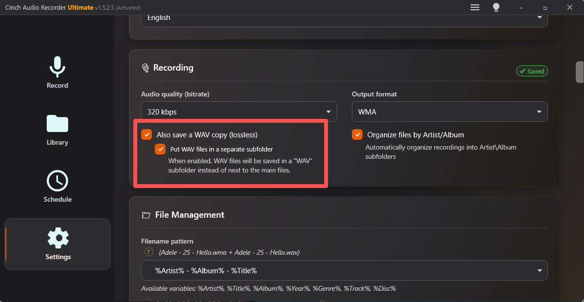 Cinch Audio Recorder settings with Also save a WAV copy turned on