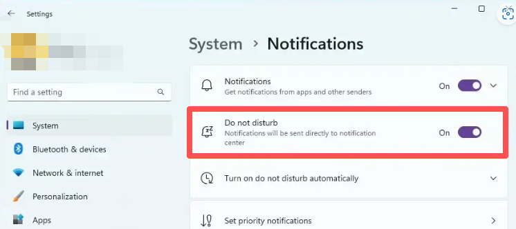 Windows 11 Notifications settings with Do not disturb turned on before recording internal audio