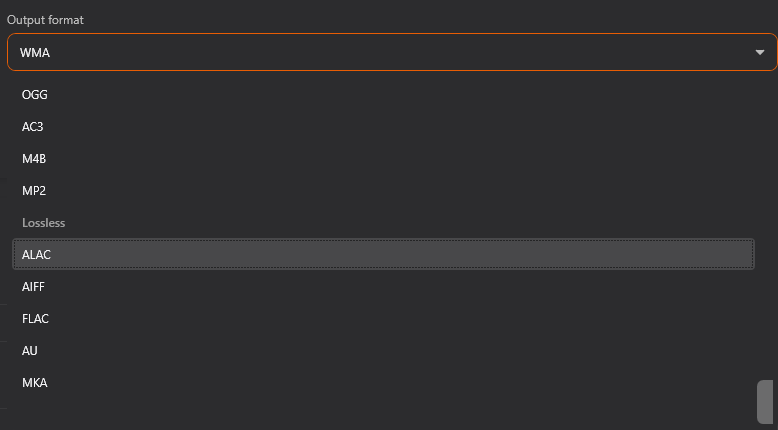 Cinch Audio Recorder output format dropdown expanded, listing WAV, M4A, FLAC, MP3 and other formats