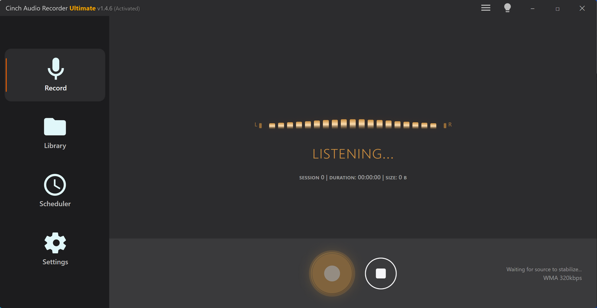 Cinch Audio Recorder in the listening state before a capture starts