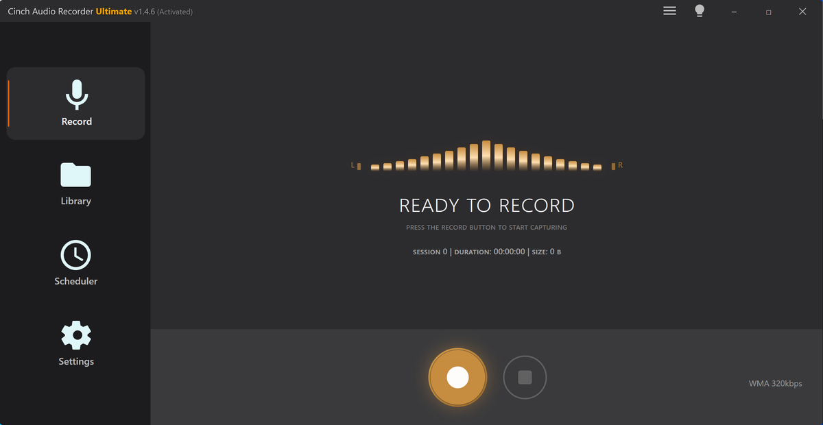 Cinch Audio Recorder Record tab showing READY TO RECORD with the waveform and record button for a short test recording