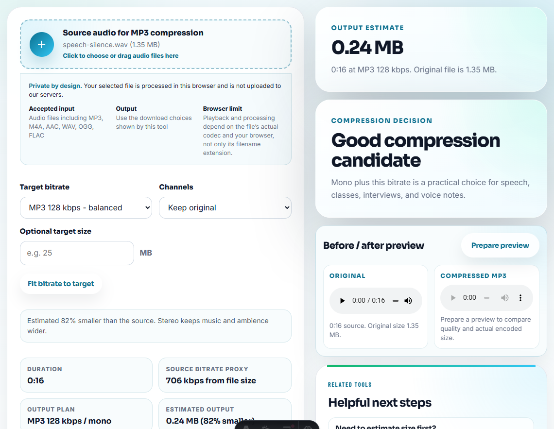 Audio Compressor with a loaded file, showing a target bitrate, an output estimate in megabytes, and a compression decision card
