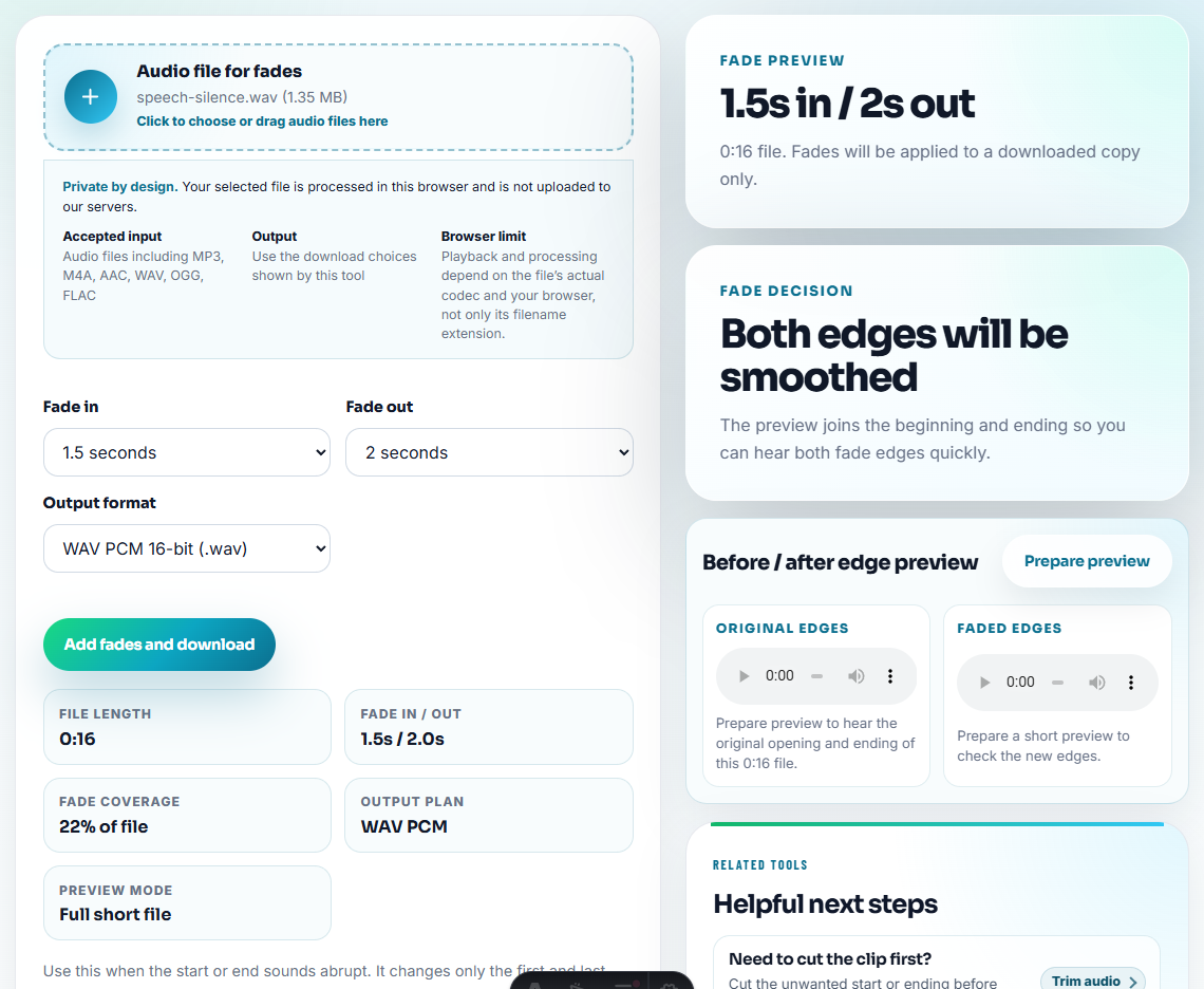 Fade tool with a loaded file, showing fade in and fade out lengths, minimum file length, and a fade decision card