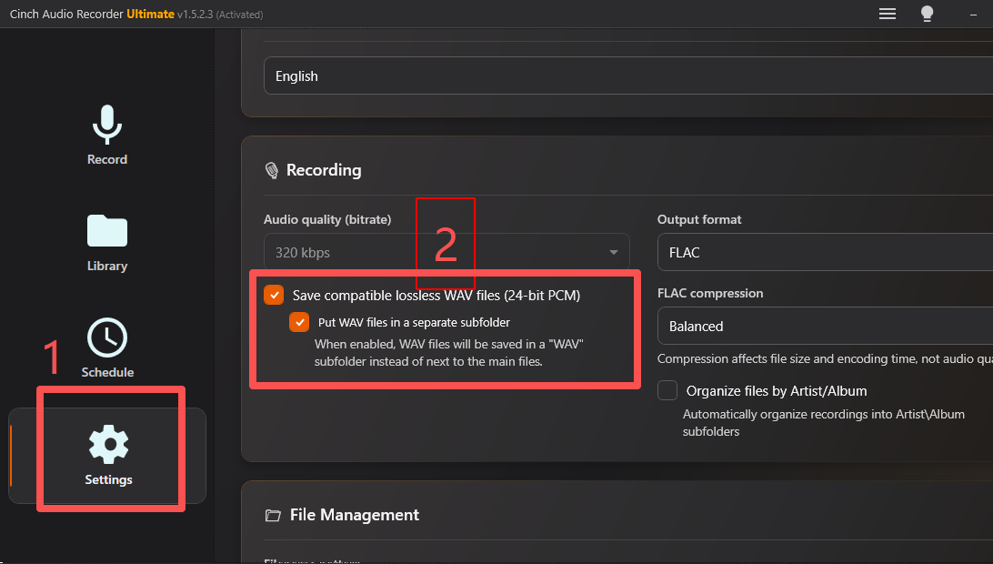 Cinch Recording settings with callouts on the compressed and lossless quality options