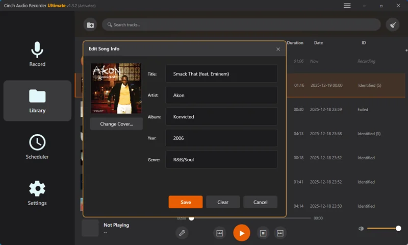 Cinch Audio Recorder ID3 metadata editor with editable fields