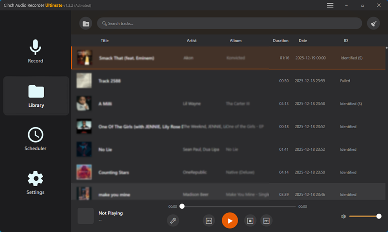 Cinch Audio Recorder library with saved tracks