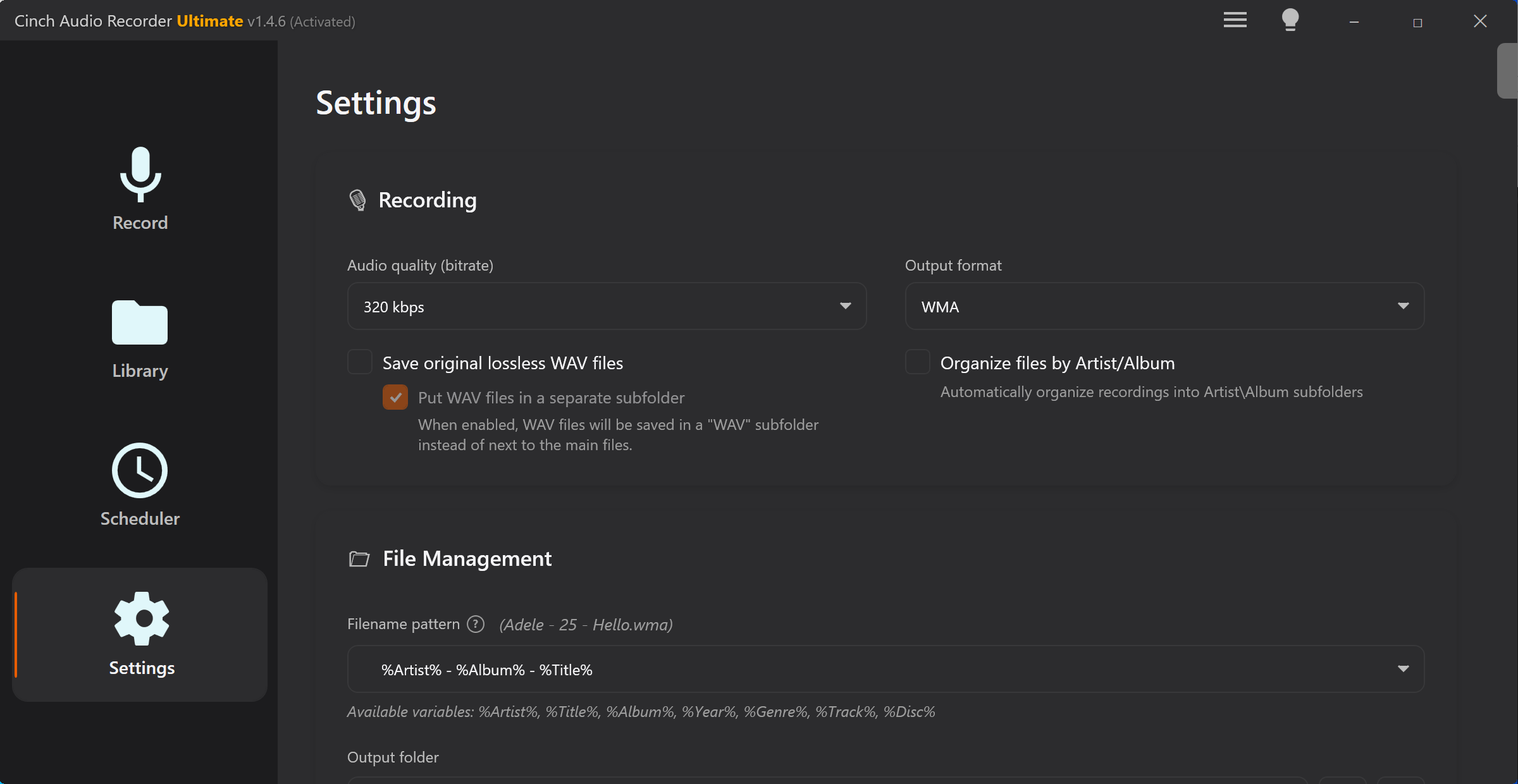Cinch Audio Recorder settings screen