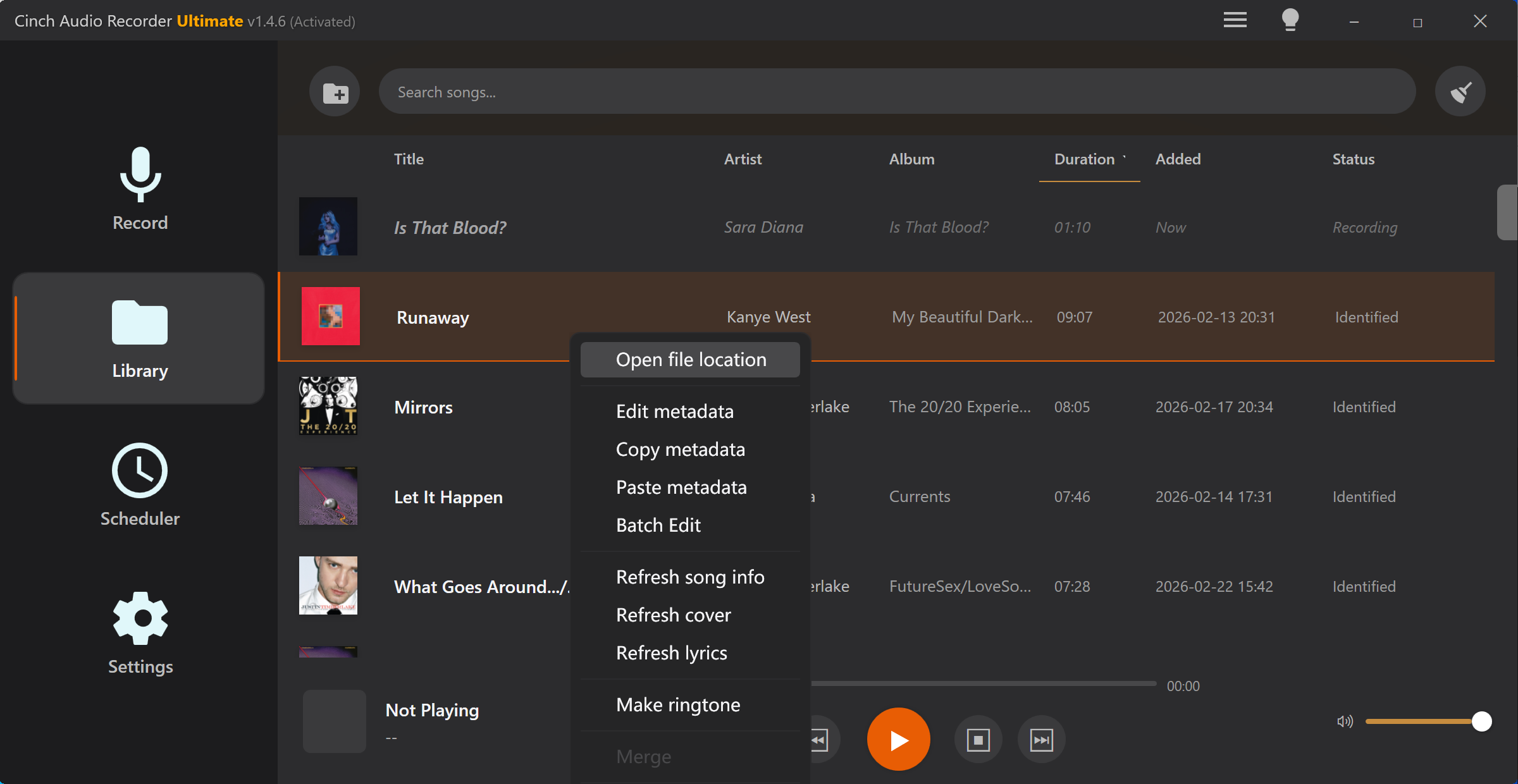Cinch Audio Recorder library after captured tracks are saved