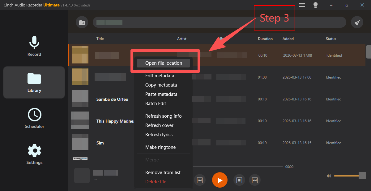 Exported music library in Cinch Audio Recorder