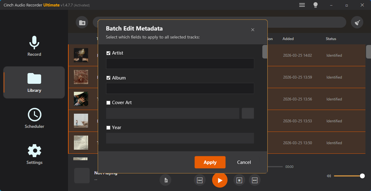 Cinch Audio Recorder batch metadata editor with Artist, Album, Cover Art, and Year fields