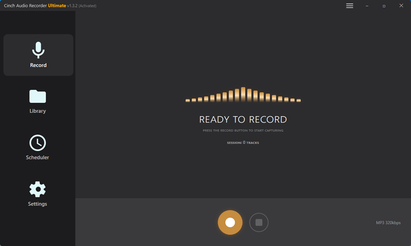 Cinch Audio Recorder main interface with Record, Library, Scheduler, and Settings tabs