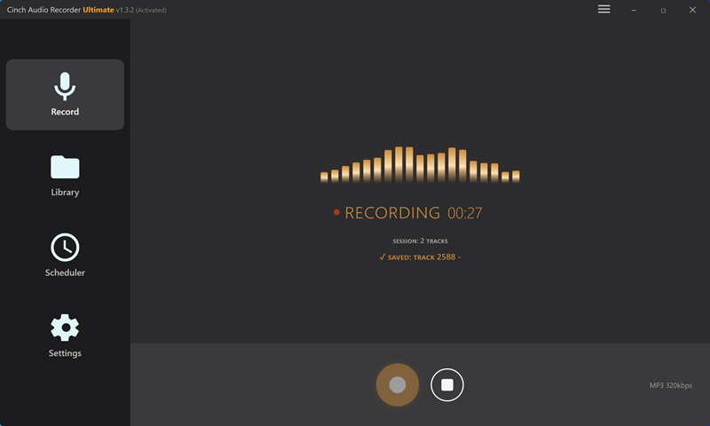 Cinch Audio Recorder actively recording with waveform visualizer
