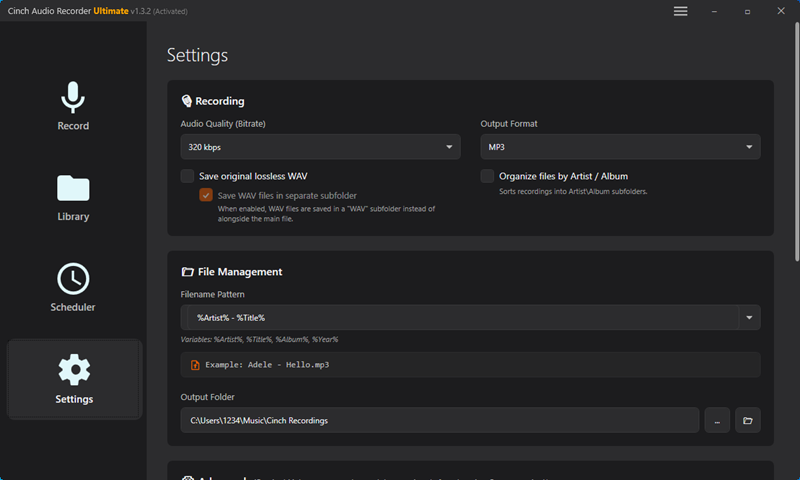 Cinch Audio Recorder settings screen showing Recording, File Management, and Audio sections