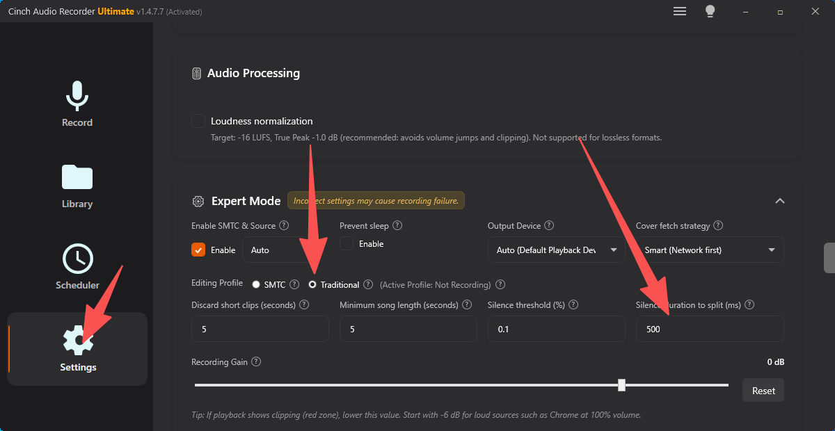 Cinch Audio Recorder silence duration setting