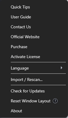 Cinch Audio Recorder main menu dropdown showing Quick Tips, User Guide, Contact Us, Official Website, Purchase, Activate License, Language, Import / Rescan, Check for Updates, Reset Window Layout, and About