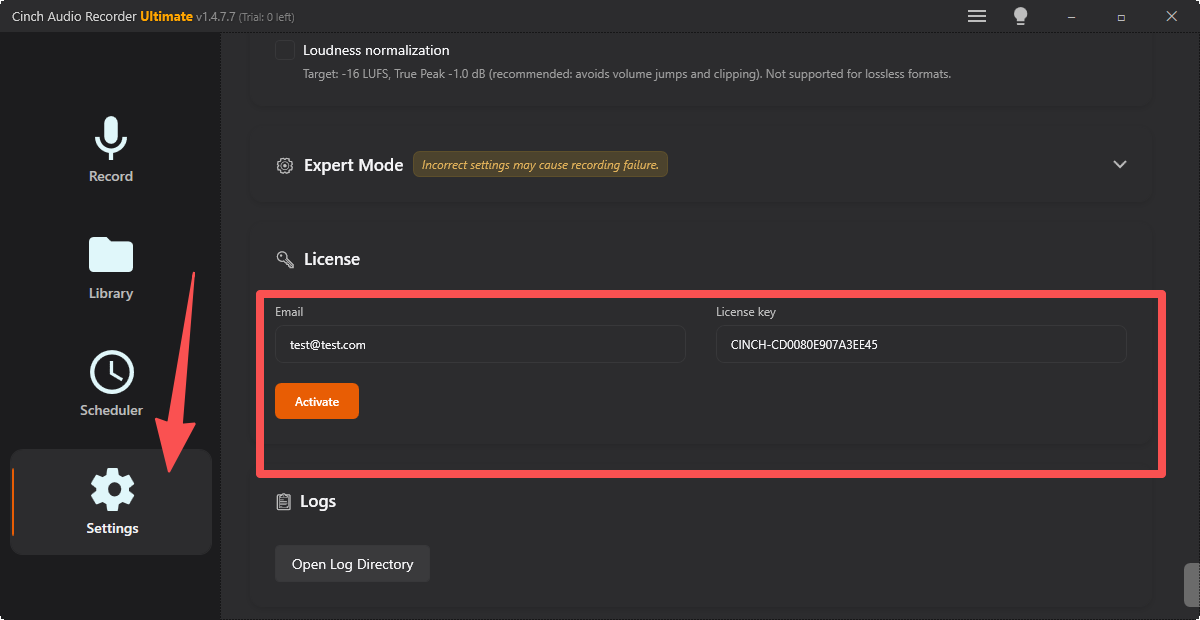 Cinch Audio Recorder registration screen